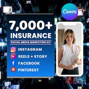 May include: A digital marketing graphic for insurance, featuring the text "7,000+ INSURANCE SOCIAL MEDIA MARKETING KIT." The graphic includes Instagram, Reels + Story, Facebook, and Pinterest logos. A woman in a white top and black skirt is holding a yellow folder.