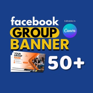 May include: A Facebook group banner template with a bright orange and yellow color scheme. The banner features a group of people sitting on a bench, with the text "YOUR GROUP NAME" and "JOIN OUR GROUP" visible. The text "50+ Editable in Canva" is also visible.