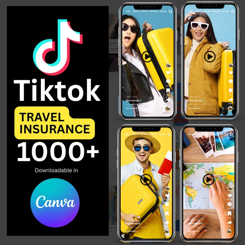 Op de afbeelding: Een promotieafbeelding voor reisverzekeringen op TikTok. De afbeelding toont het TikTok-logo, de tekst "Reisverzekering 1000+" en verschillende telefoonschermen met reizen-gerelateerde content. De afbeelding is te downloaden in Canva.