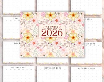 May include: A floral 2026 calendar with a cream background and a central design that reads "CALENDAR 2026". The calendar features monthly layouts with floral borders and is suitable for planning and scheduling.