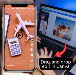 Op de afbeelding: Een smartphonescherm toont een wit speelgoedvliegtuig, een rekenmachine en een afspeelknop. Het scherm toont ook social media engagement statistieken. Een laptopscherm toont een foto van een hond met de tekst "Drag and drop edit in Canva."