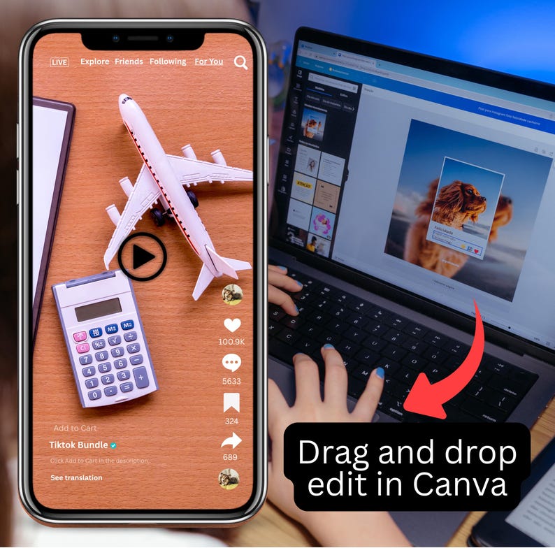 Op de afbeelding: Een smartphonescherm toont een wit speelgoedvliegtuig, een rekenmachine en een afspeelknop. Het scherm toont ook social media engagement statistieken. Een laptopscherm toont een foto van een hond met de tekst "Drag and drop edit in Canva."