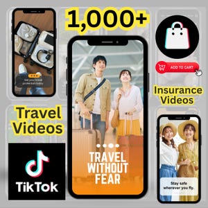 Op de afbeelding: Een promotieafbeelding met meerdere smartphones die reisinformatie weergeven. De centrale telefoon toont een stel met bagage en de tekst "TRAVEL WITHOUT FEAR". Andere telefoons tonen reisvideo's, verzekeringsvideo's en TikTok-integratie.