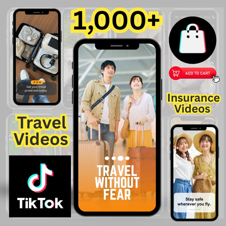 Op de afbeelding: Een promotieafbeelding met meerdere smartphones die reisinformatie weergeven. De centrale telefoon toont een stel met bagage en de tekst "TRAVEL WITHOUT FEAR". Andere telefoons tonen reisvideo's, verzekeringsvideo's en TikTok-integratie.