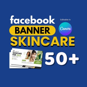 May include: A collection of 50+ customizable Facebook banner templates for skincare businesses. The banners feature a modern design with a woman applying skincare products and text that says "Premium Skincare for Sale". Editable in Canva.