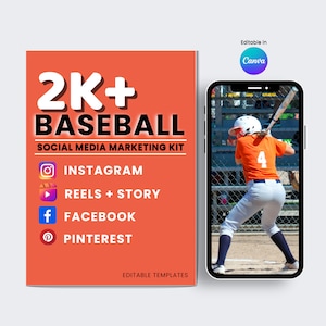 May include: A social media marketing kit for baseball with 2,000+ editable templates for Instagram, Reels, Stories, Facebook, and Pinterest. The kit is advertised as being editable in Canva. The image shows a young person wearing a baseball uniform and batting a ball.