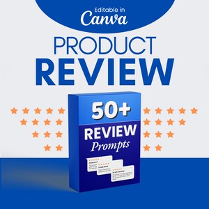 May include: A blue box with the text "50+ REVIEW Prompts" on it. The box is sitting on a blue and white background with a row of orange stars on each side. The box is a product for writing reviews.