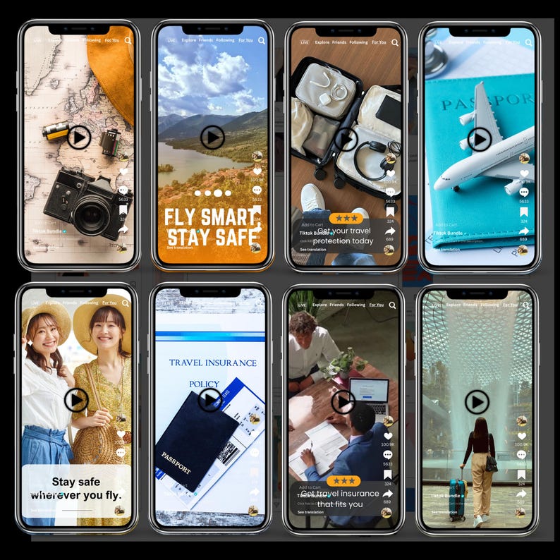 Op de afbeelding: Een verzameling smartphoneschermen met reisinformatie. Afbeeldingen tonen een camera, landschappen, bagage, een paspoort met een speelgoedvliegtuig en mensen. Tekst bevat "Fly Smart Stay Safe" en "Travel Insurance".