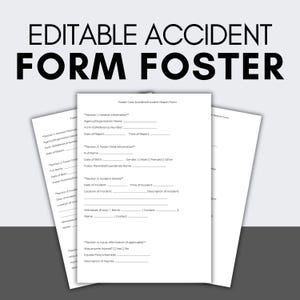 Op de afbeelding: Bewerkbaar formulier voor ongevallen/incidenten in pleegzorg. Dit formulier bevat secties voor algemene informatie, informatie over het pleegkind, details over het incident en informatie over verwondingen.