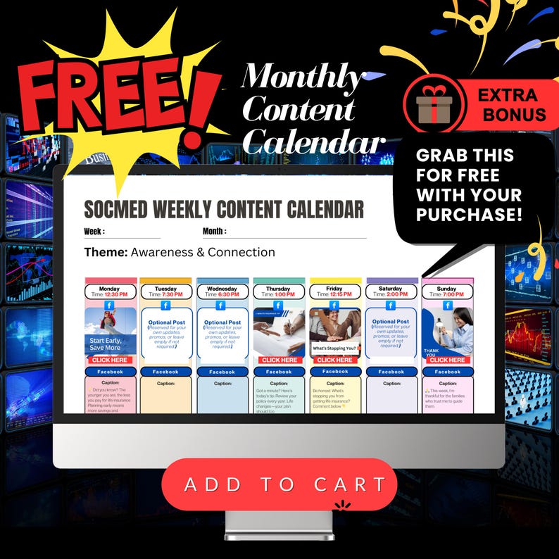 Op de afbeelding: Een computermonitor toont een "SOCMED WEEKELIJKSE INHOUDKALENDER" met het thema "Bewustwording & Verbinding". De afbeelding bevat de tekst "GRATIS!" en "EXTRA BONUS". De kalender heeft dagelijkse tijdslots en de woorden "TOEVOEGEN AAN WINKELWAGEN" onderaan.