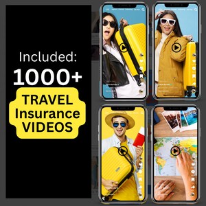 Op de afbeelding: Een promotieafbeelding met vier smartphones met video's over reizen. De telefoons tonen mensen met bagage, kaarten en paspoorten. De tekst "Included: 1000+ TRAVEL Insurance VIDEOS" wordt op een zwarte achtergrond weergegeven.