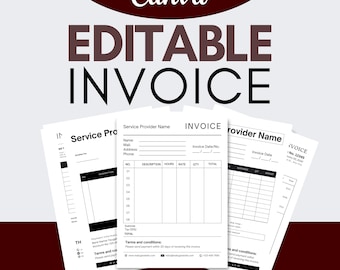 May include: Editable invoice template in black and white with the words "Editable Invoice" in a large font at the top. The template includes sections for service provider name, invoice date, description, hours, rate, quantity, total, and terms and conditions.