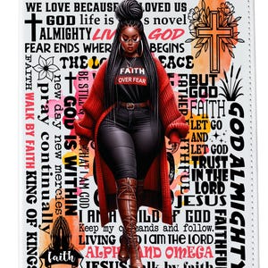 May include: A white background with a black woman wearing a red cardigan and black jeans. The background is filled with inspirational text in pink, orange, and black. The text includes phrases like "God is within", "Faith over fear", "The Joy of the Lord is my Strength", and "God Almighty".