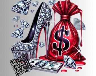 Puede incluir: Una bolsa de dinero roja con un signo de dólar está goteando líquido rojo. Un zapato de tacón alto cubierto de diamantes de imitación está al lado de la bolsa. Un billete de dólar con un código QR está en primer plano.