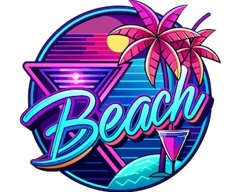 Retro Neon Beach Icon, Beach Clipart, Sublimation Design, Summer Palm Png, Beach Png Digital Downloads, Beach Sunset Png, Margarita Beach
