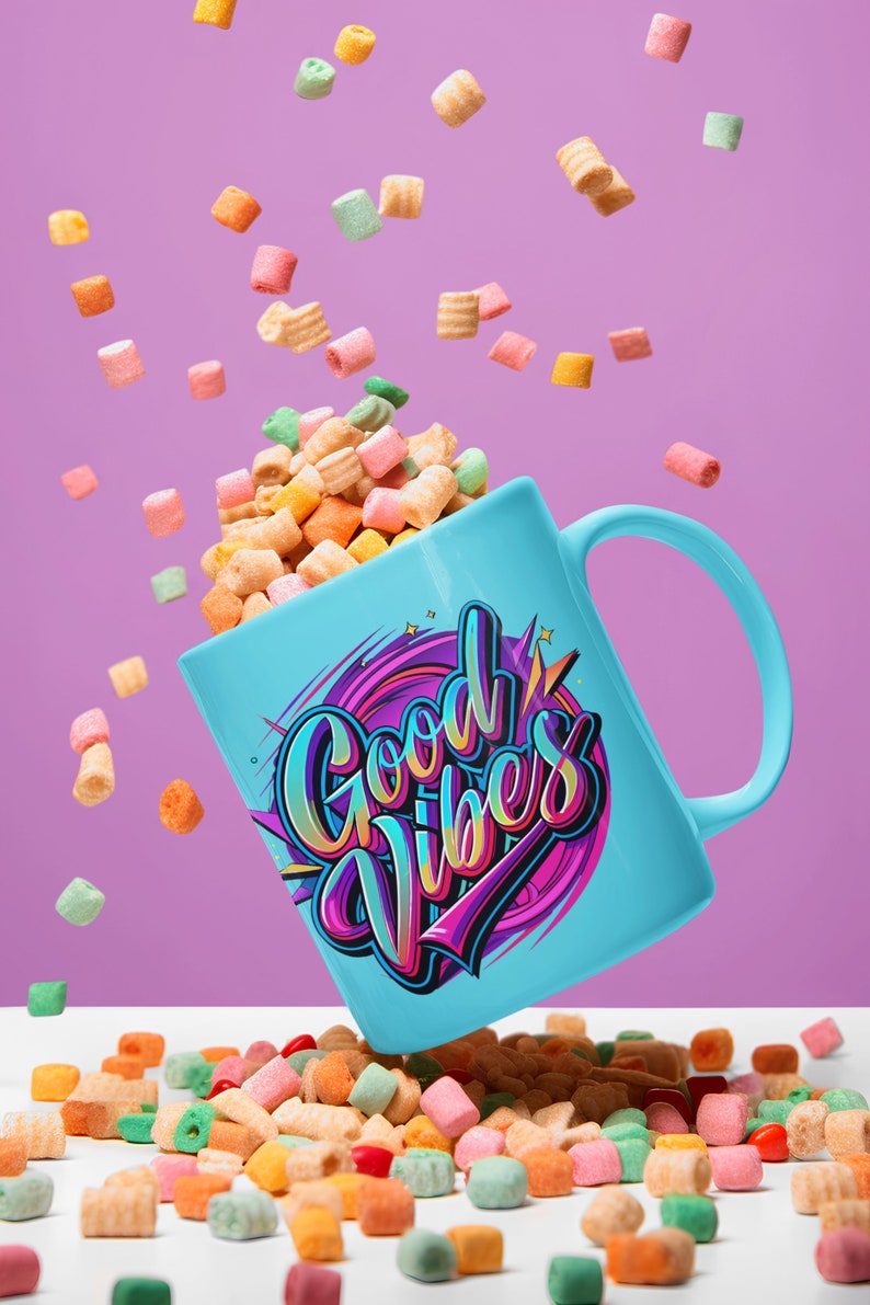 May include: A blue ceramic mug with the words "Good Vibes" in colorful lettering. The mug is filled with colorful cereal and the cereal is spilling out onto a white surface.
