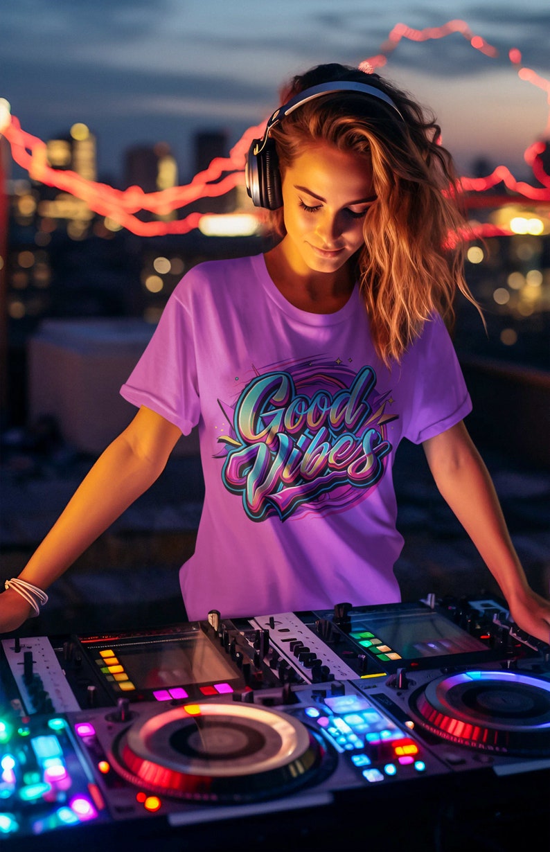May include: A woman wearing headphones and a purple t-shirt with the text "Good Vibes" in colorful lettering, standing behind a DJ mixer with glowing lights.