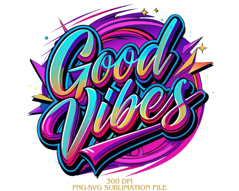 May include: A colorful graphic design with the text "Good Vibes" in a bold, stylized font. The design features a mix of pink, blue, yellow, and purple colors with a swirling background.