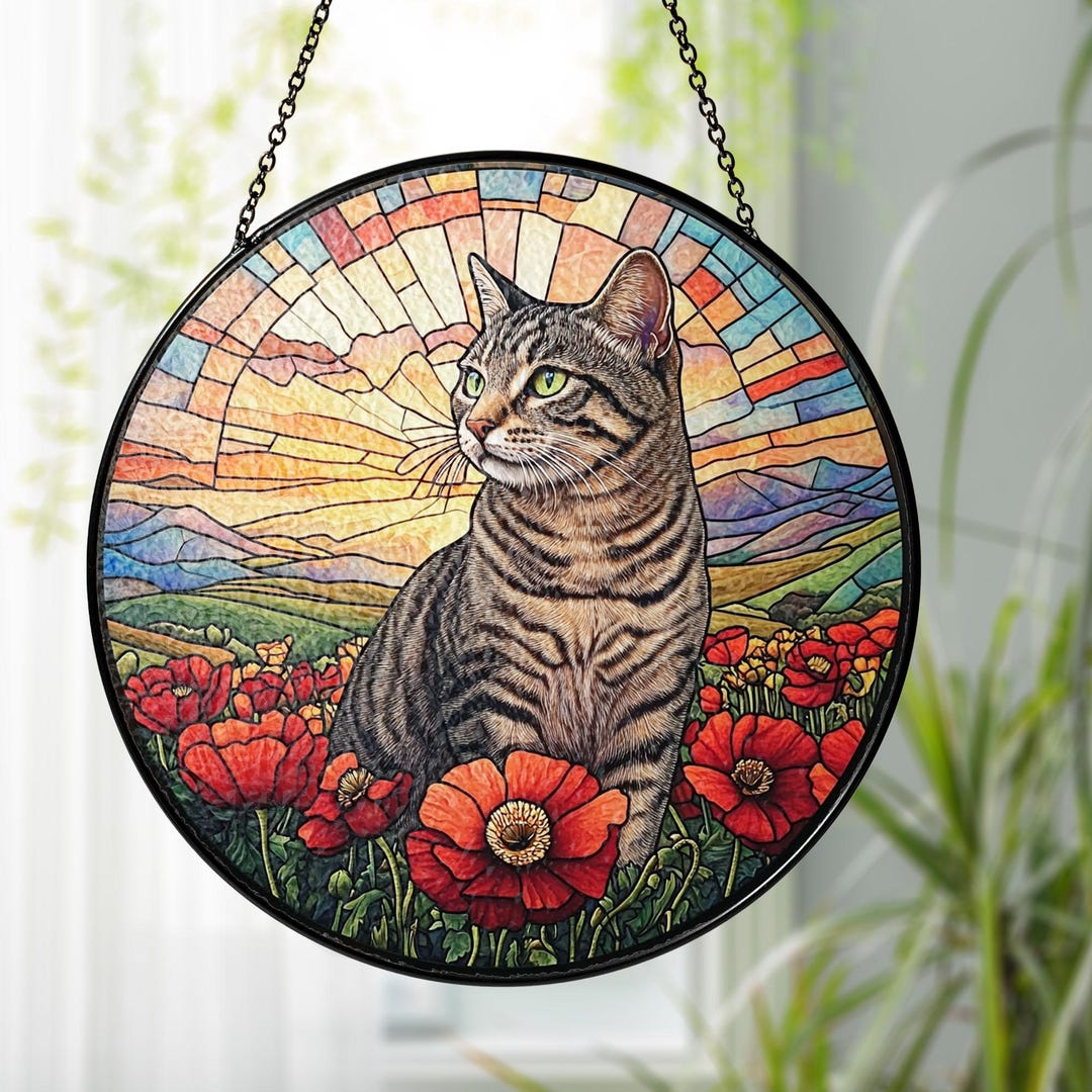 Cat Stained Glass Suncatcher, Mothers Day Gift for Mom, Poppies Flower ...