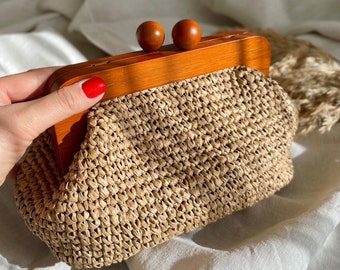 Handmade Bag, Clutch, crocheted bag with wooden strap, handmade bag 28 cm