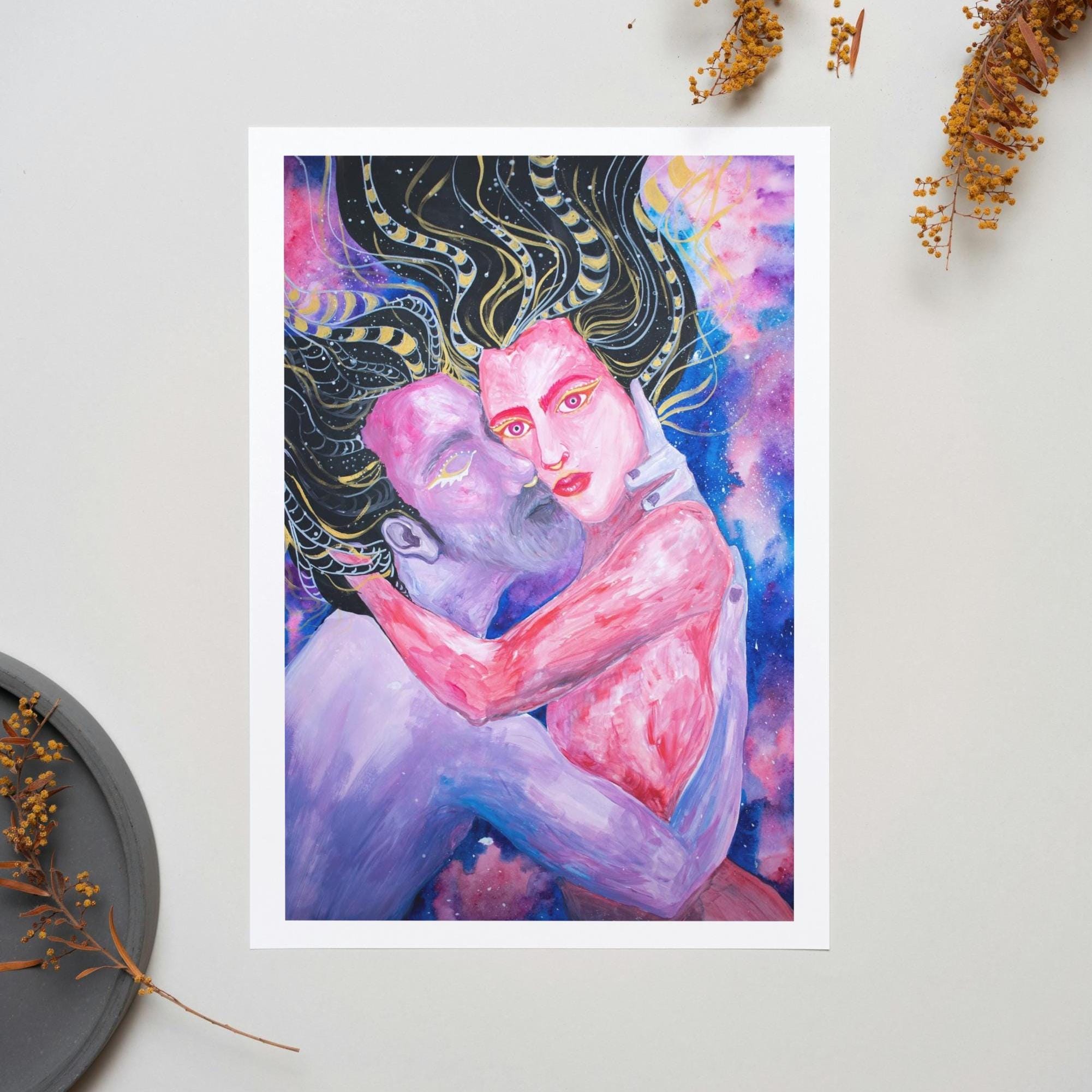 Dark Art Print, Surreal Portrait, Couple Art, Colorful Watercolor, Wall Art, Museum Quality Matte Paper Poster