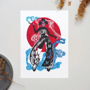 Impresión artística de fantasía oscura kabuki / Ilustración de tinta de geisha demoníaca / Manga japonés / Decoración de pared