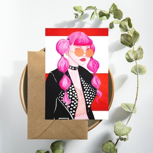 Ensemble de 7 cartes postales chics - Fille rose tendance, cartes de voeux uniques, décoration de style vintage, objets de collection sympas, cadeaux d'anniversaire et d'amitié