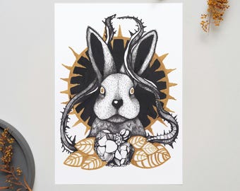 Bunny Art Print | Dark Fantasy Wall Art| Flower Illustration | Home Decor