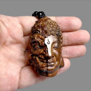 Hand-Carved Agarwood Buddha & Fierce Guardian Dual Face Amulet | Thai Spiritual Protection, Balance, Power Pendant Talisman, Thai handmade