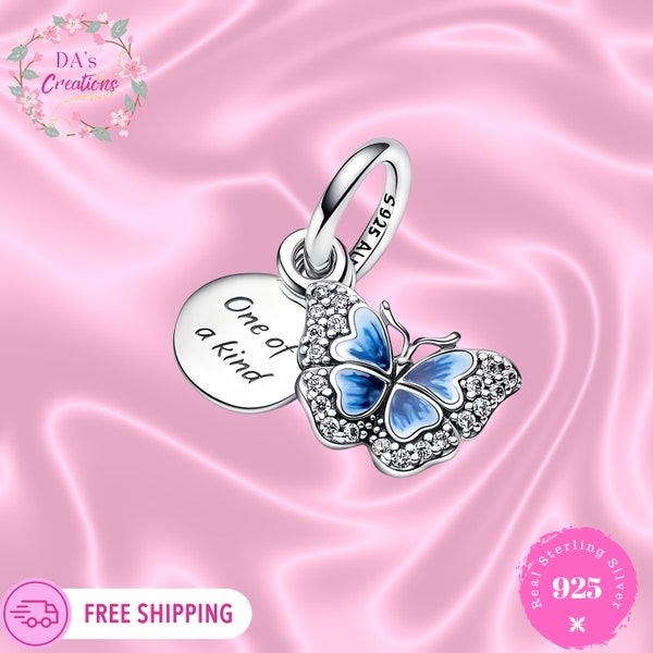 Blue Butterfly Charm For Pandora Bracelet | Double Dangle Charm | Sterling Silver 925 | Gift for ANY occasion