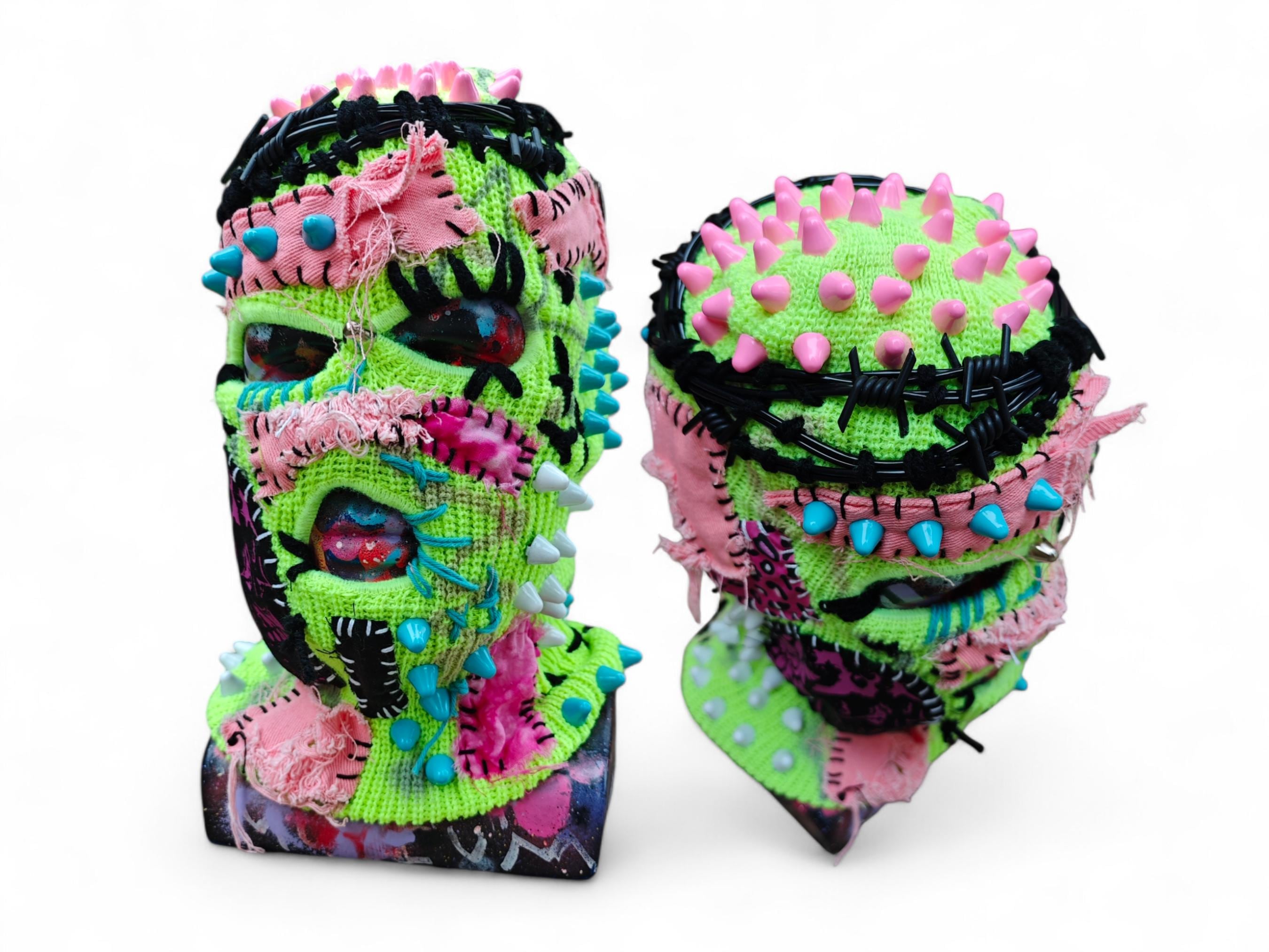 CUSTOM SPIKED zombie studded ski mask balaclava neon green