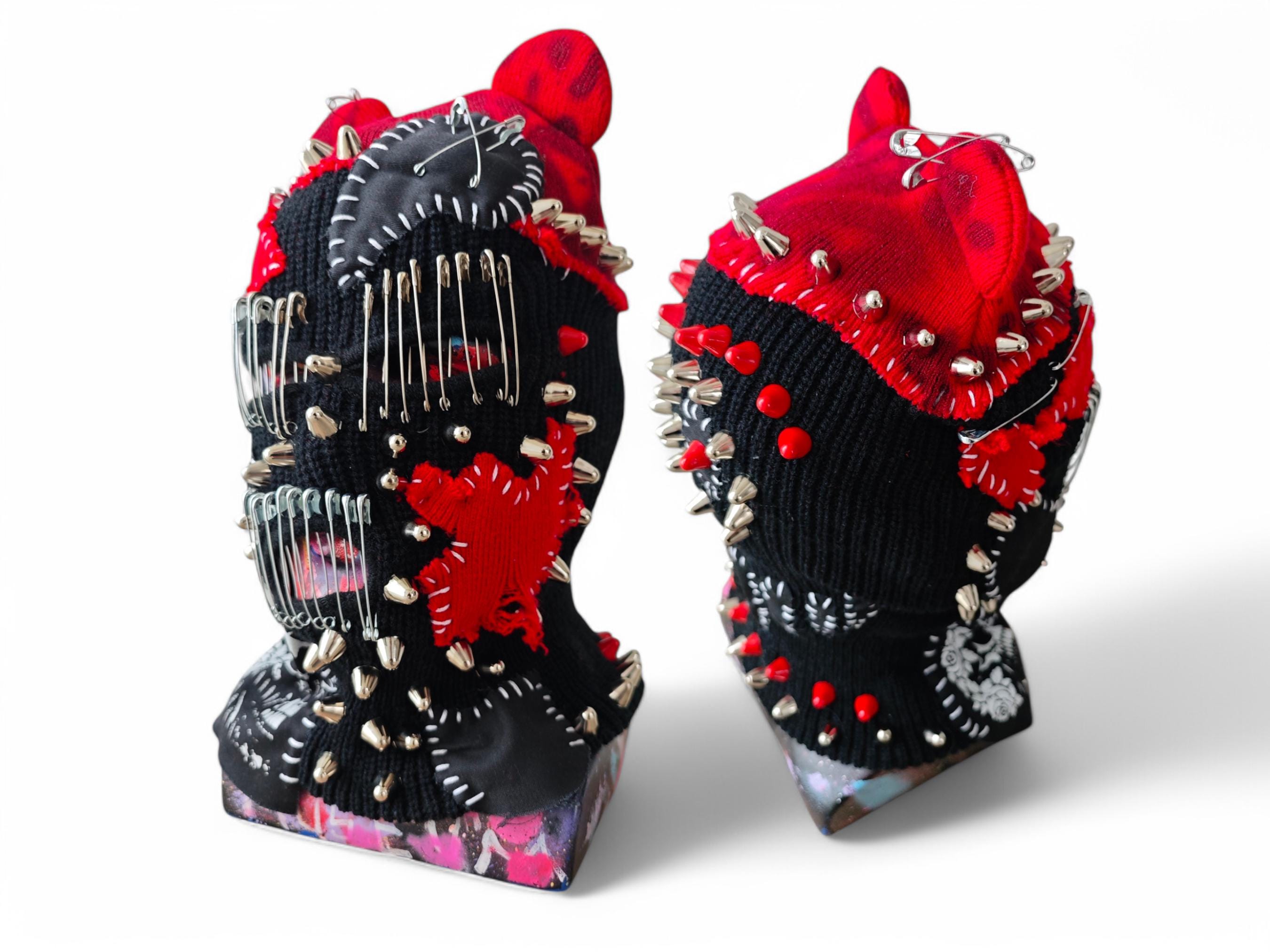 CUSTOM SPIKED studded ski mask balaclava black red white with ears