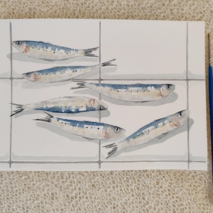 Sardine in cucina. Acquerello originale (no stampa) 15x21cm