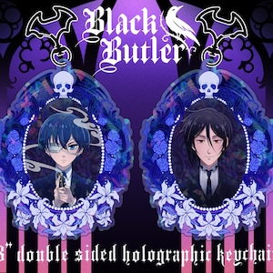 BLACK BUTLER -  Black Butler Ciel & Sebastian 3&quot; Double Sided Holographic Keychain + Holo Vinyl Stickers
