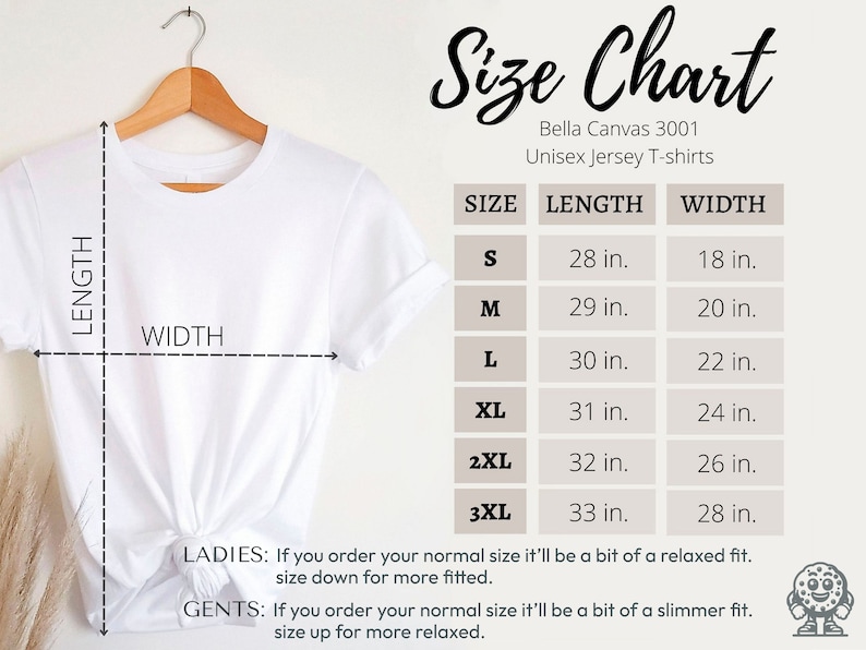 K&ouml;nnte beinhalten: Ein wei&szlig;es Bella Canvas 3001 Unisex-Jersey-T-Shirt auf einem Holzb&uuml;gel. Das Bild enth&auml;lt eine Gr&ouml;&szlig;entabelle mit Ma&szlig;en in Zoll f&uuml;r die Gr&ouml;&szlig;en S bis 3XL, die L&auml;nge und Breite angeben.