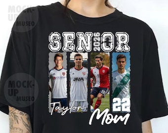 Personalized Soccer Senior Mom PNG Design, Four Photo Soccer Player Collage with Jersey Number and Graduation Year