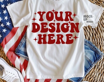 White T-Shirt Mockup: 4th of July Patriotic Flat Lay