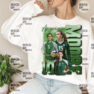 Op de afbeelding: Wit sweatshirt met een groen en wit volleybalontwerp. Het ontwerp toont drie meisjes in volleybaluniformen, een volleybal en de tekst "Arvin Moore 10".