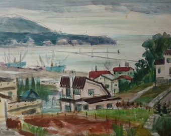 ORIGINAL "view of the harbour" japanese painter GO (1906-1986)