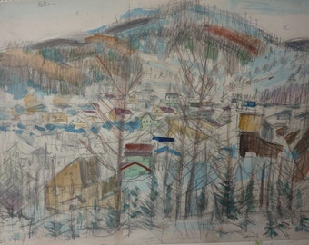 ORIGINAL "Village in the snow" japanese painter GO (1906-1986)