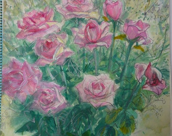 beautiful ORIGINAL "Roses" japanese painter GO (1906-1986)