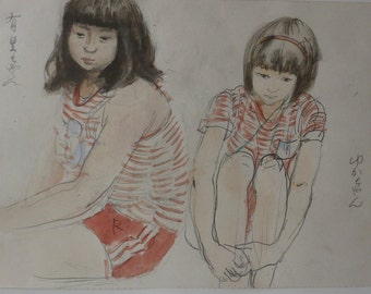very special ORIGINAL "two girls" japanese painter GO (1906-1986)