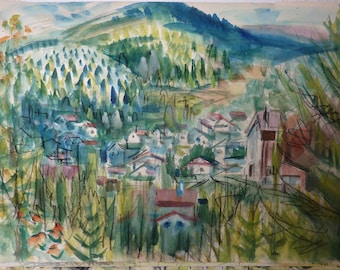 beautiful ORIGINAL "Village in the valley" japanese painter GO (1906-1986)