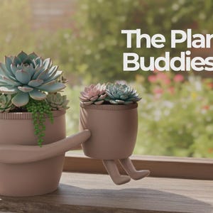 May include: Two decorative planters with succulents, one with a handle and the other with legs, sit on a wooden surface. The planters are a muted pink color and the succulents are various shades of green and pink. The text "The Plant Buddies" is displayed.