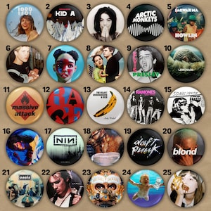 Épinglette emblématique pour pochette d'album - Badge de rock indépendant, pop et musique alternative - Épingles d'album en vinyle vintage - Cadeau pour mélomane (5 tailles)