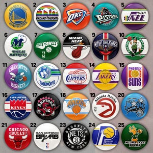 40 épingles, boutons et aimants vintage logo de l'équipe NBA – Collection d'écussons de basketball rétro | 5 tailles