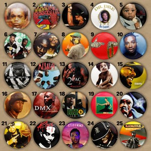 Hip Hop & Rap Album Cover Pin Buttons – From Golden Era to Modern Rap Badges – Gift for Music Lovers (5 Sizes)