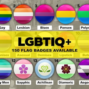 Op de afbeelding: Een verzameling van 15 LGBTQ+-vlagbadges, elk met een uniek ontwerp en kleurenschema. De badges bevatten vlaggen voor Gay, Lesbisch, Biseksueel, Panseksueel, Polyseksueel, Omniseksueel, Aseksueel, Demiseksueel, Lipstick, Butch, Gay Men, Sapphisch, Achillean, Diamorisch en Aegosex. De tekst luidt "LGBTIQ+ 150 VLAGBADGES BESCHIKBAAR."