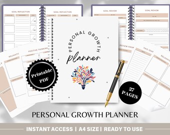 May include: A printable personal growth planner with 27 pages. The cover features a light purple background with a white circle containing the text "PERSONAL GROWTH PLANNER" in black. A colorful illustration of a light bulb with leaves is in the center of the circle. The text "INSTANT ACCESS | A4 SIZE | READY TO USE" is at the bottom of the cover.