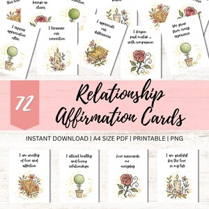 Tarjetas imprimibles de afirmaciones de relación, frases de amor para parejas, descarga digital, 72 frases positivas diarias, barajas de cartas de afirmaciones de amor